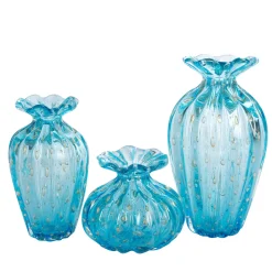 1950 Light-Blue Set of 3 Vases with Gold Bubbles