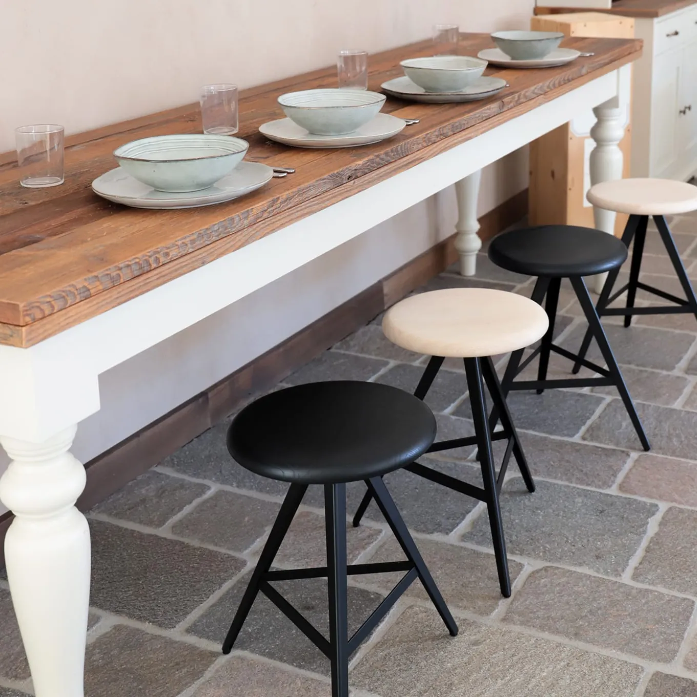 Aky 47 Round Black Ash & Metal Low Stool by Emilio Nanni