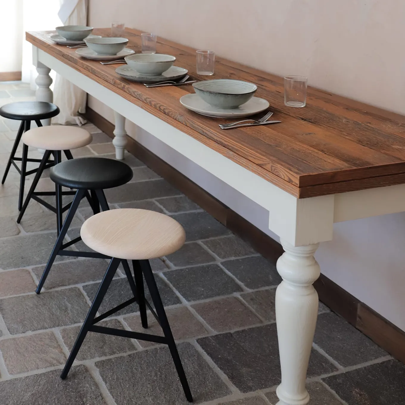 Aky 47 Round Natural Ash & Black Metal Low Stool by Emilio Nanni