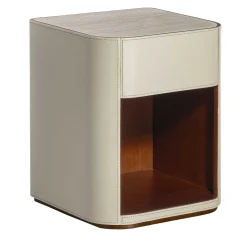 Alma 1-Drawer Beige Leather Nightstand with Travertine Marble Top