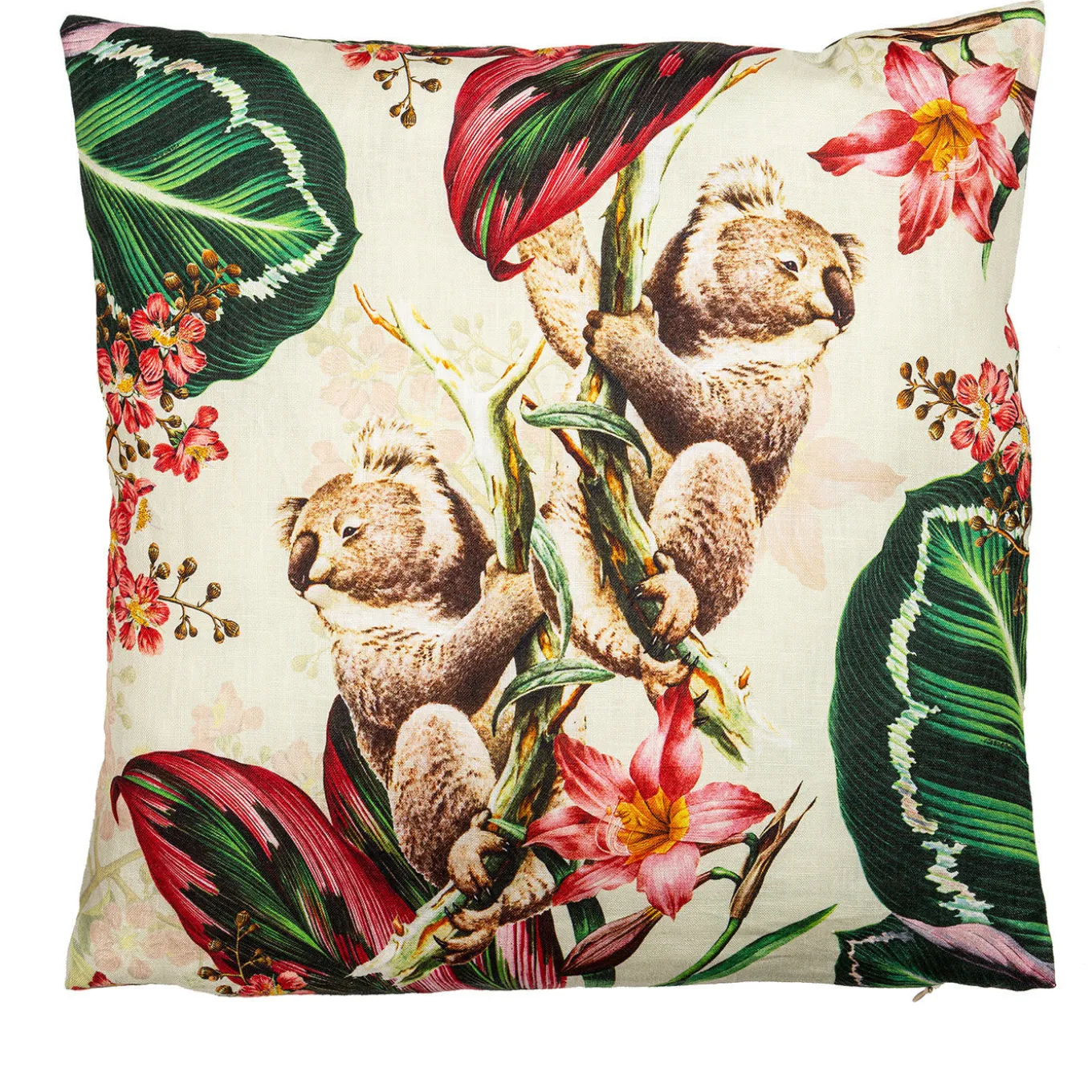 Animalia Linen Cushion With Koalas And Pink Flowers