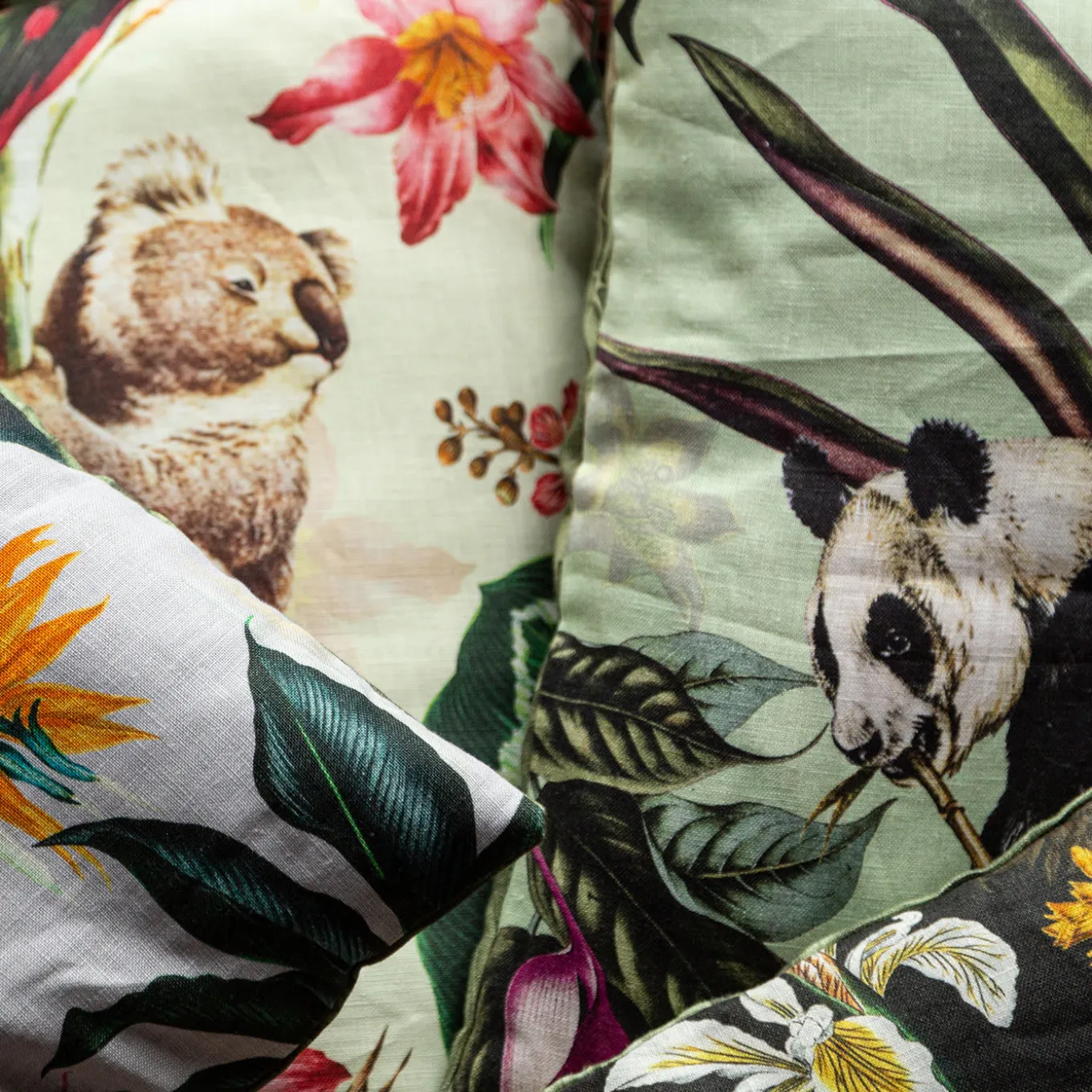 Animalia Linen Cushion With Koalas And Pink Flowers