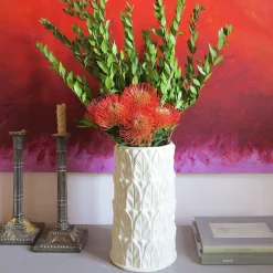 Anne Leaf-Patterned Medium White Stoneware Vase