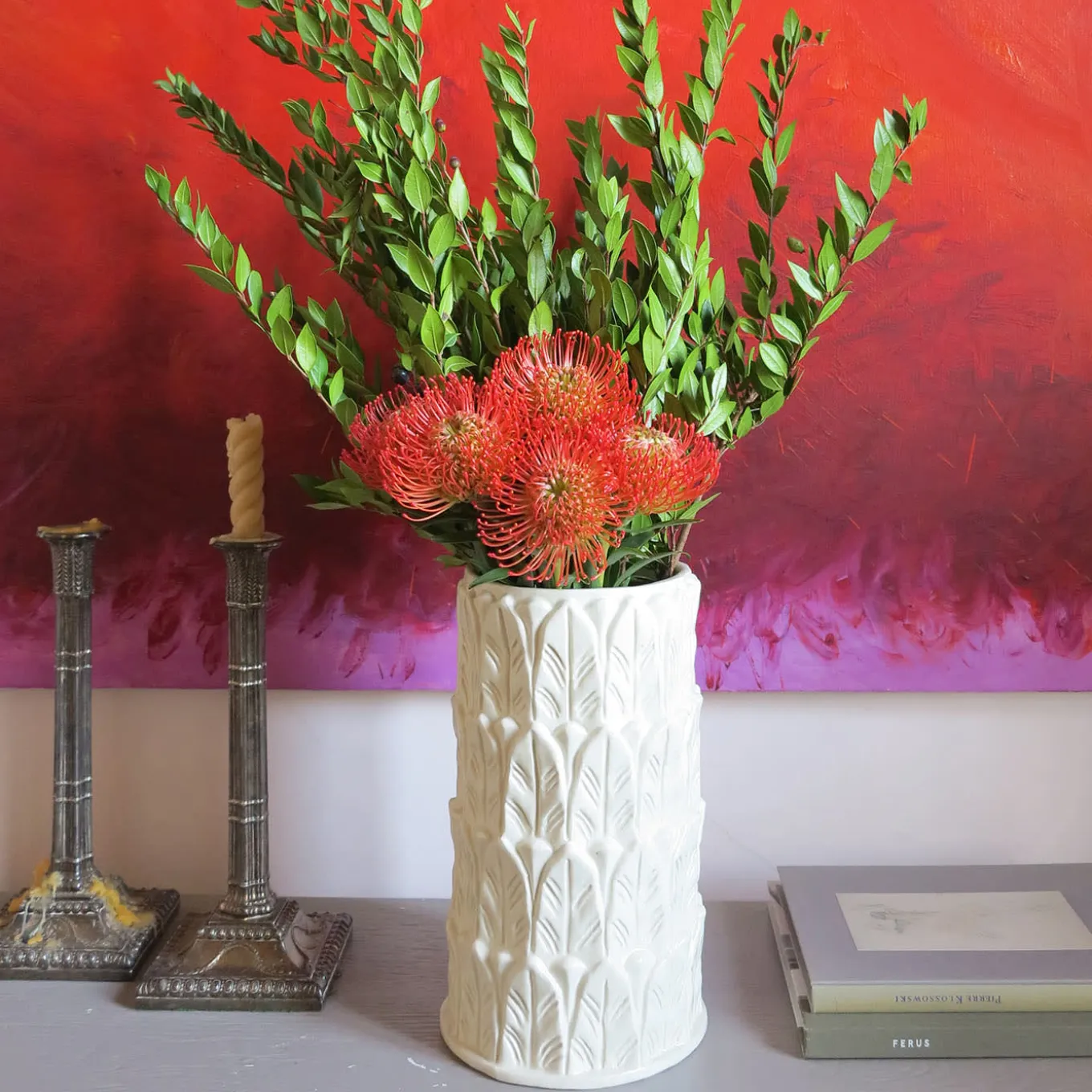Anne Leaf-Patterned Medium White Stoneware Vase