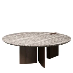 Antinomia T round marble and brown veneered base dining table