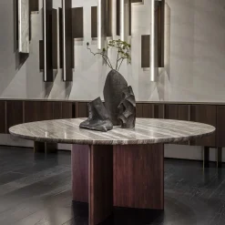 Antinomia T round marble and brown veneered base dining table