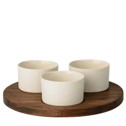 Antipasto Set with 3 Round Ceramic Bowls and Wooden Tray