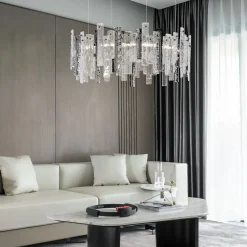 Artic Chandelier with metal frame and clear pulegoso and hammered glass