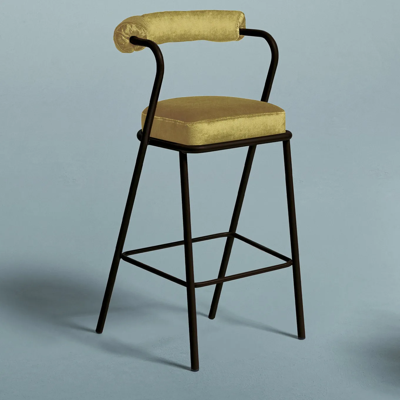 Baba Bronze Steel & Yellow Velvet Cushion Bar Stool by Serena Confalonieri