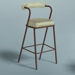 Baba Brown Steel & White Cream Velvet Cushion Bar Stool by Serena Confalonieri