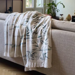 Bamboo Fringed Off-White Handpainted Blanket