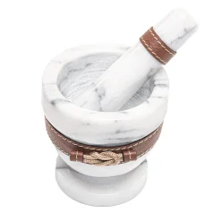 Beige Leather/White Marble Mortar with Pestle