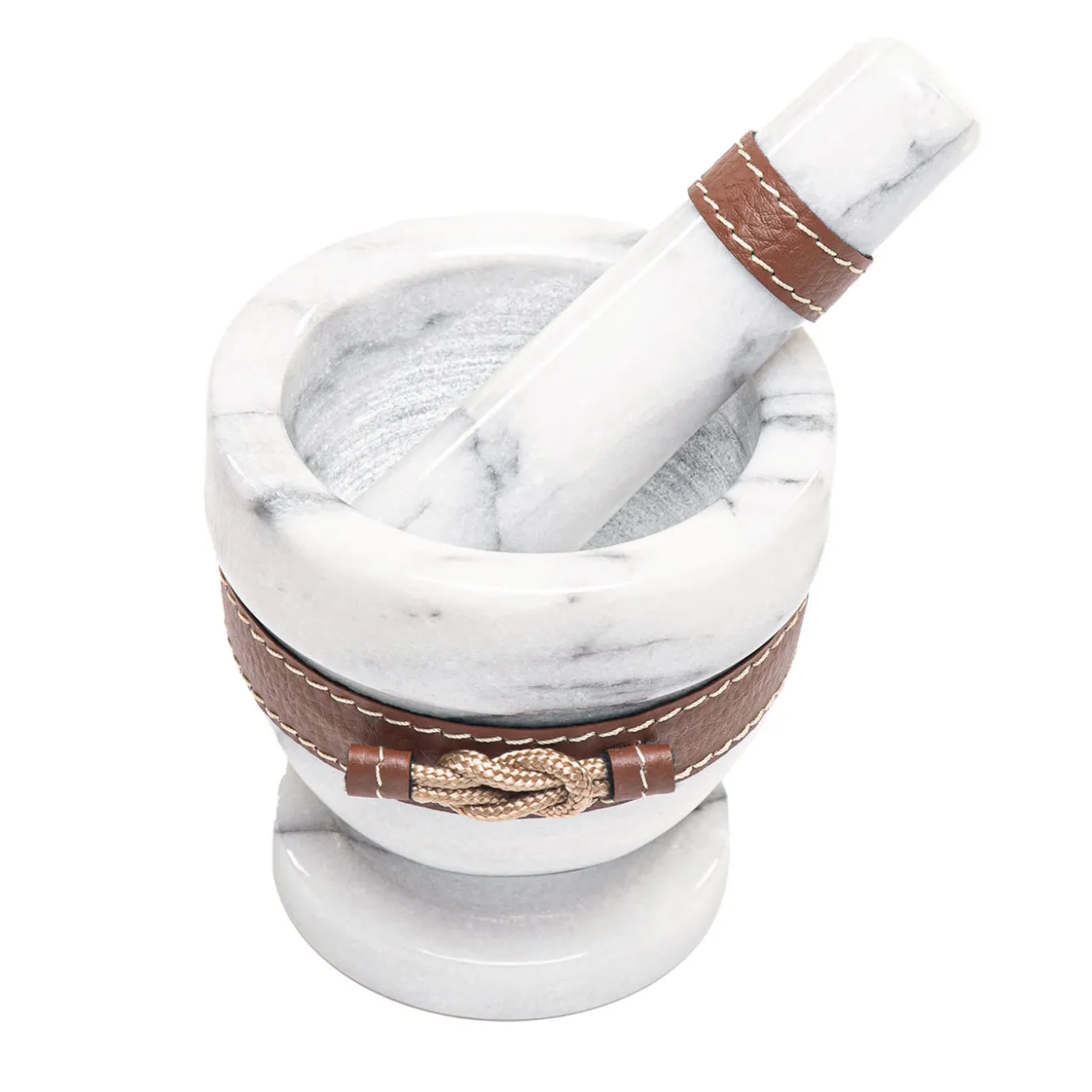 Beige Leather/White Marble Mortar with Pestle