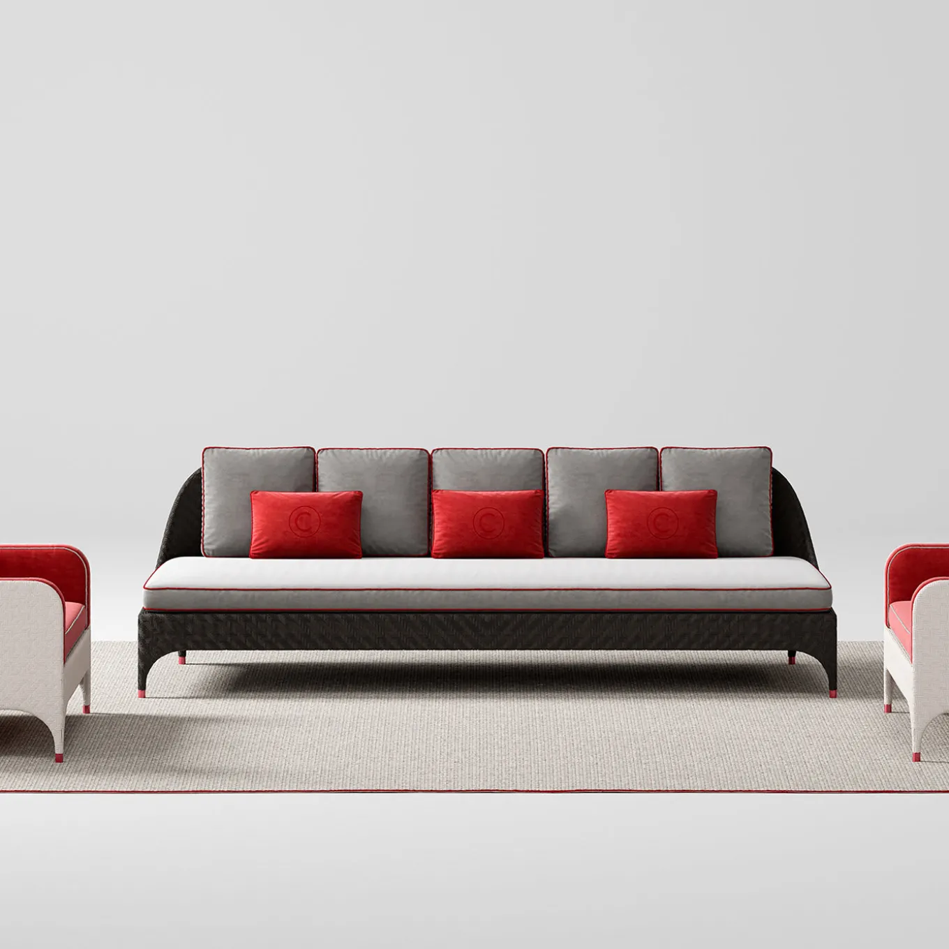 Black 3-Seater Sofa with Gray and Red Cushions