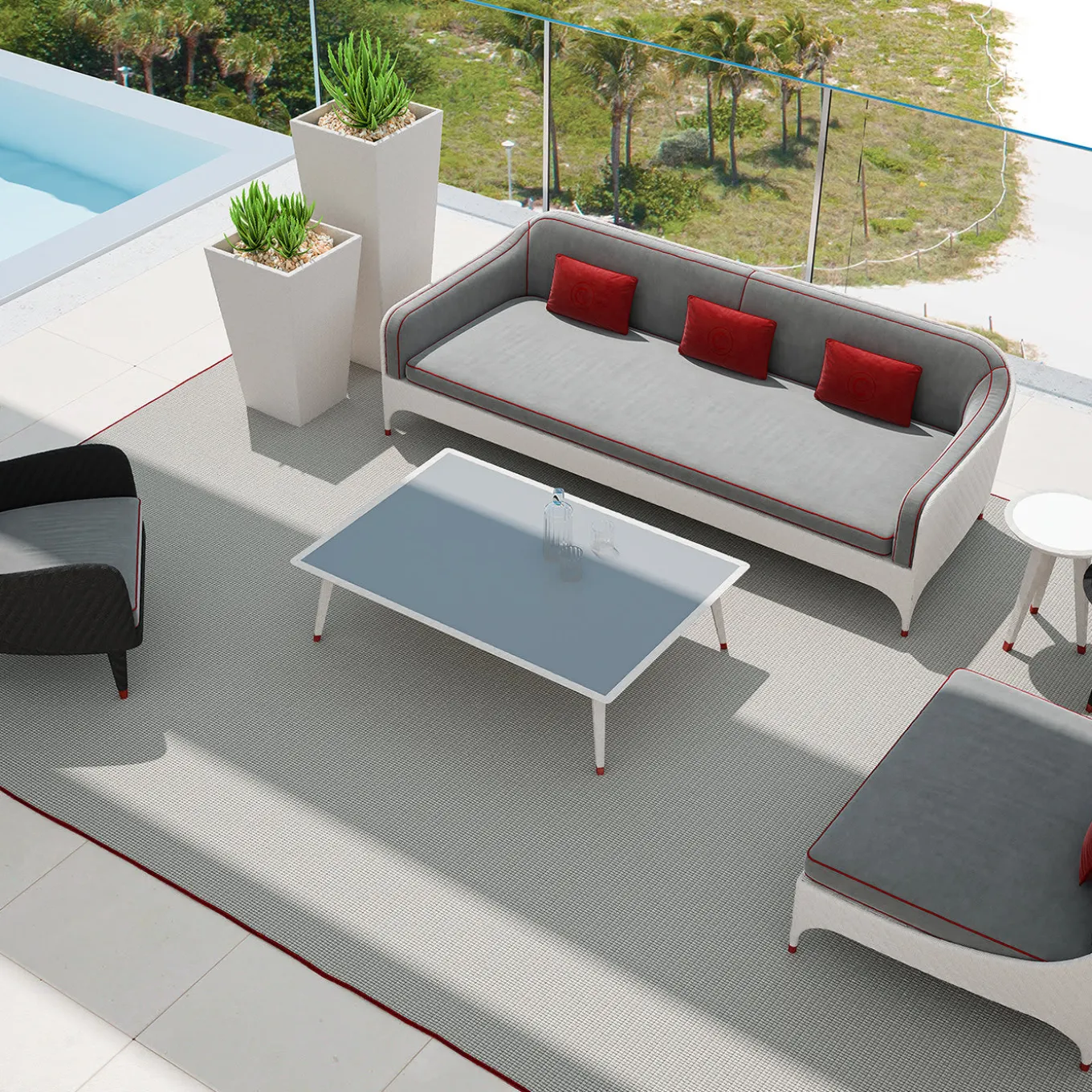Black 3-Seater Sofa with Gray and Red Cushions