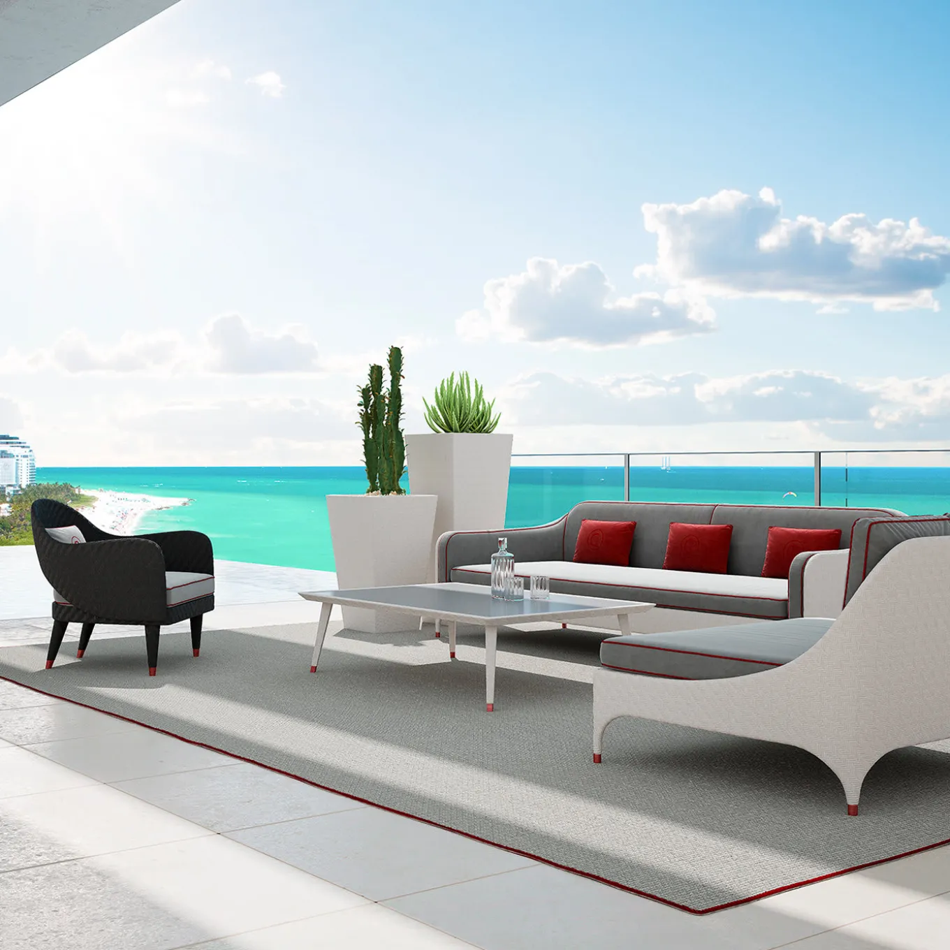 Black 3-Seater Sofa with Gray and Red Cushions