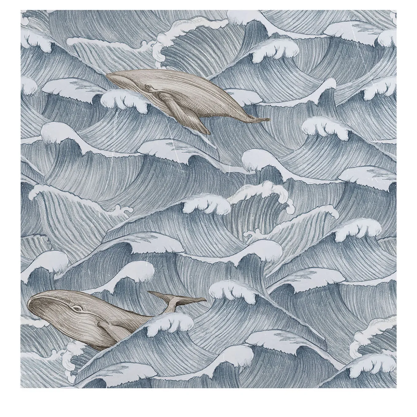 Blue and White Vintage Whale and Waves Wallpaper