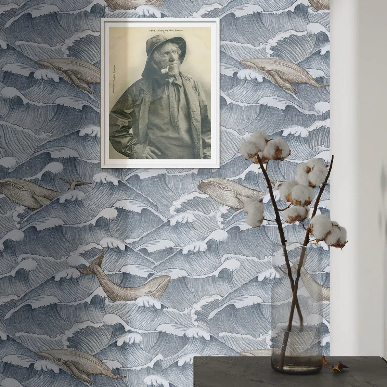Blue and White Vintage Whale and Waves Wallpaper
