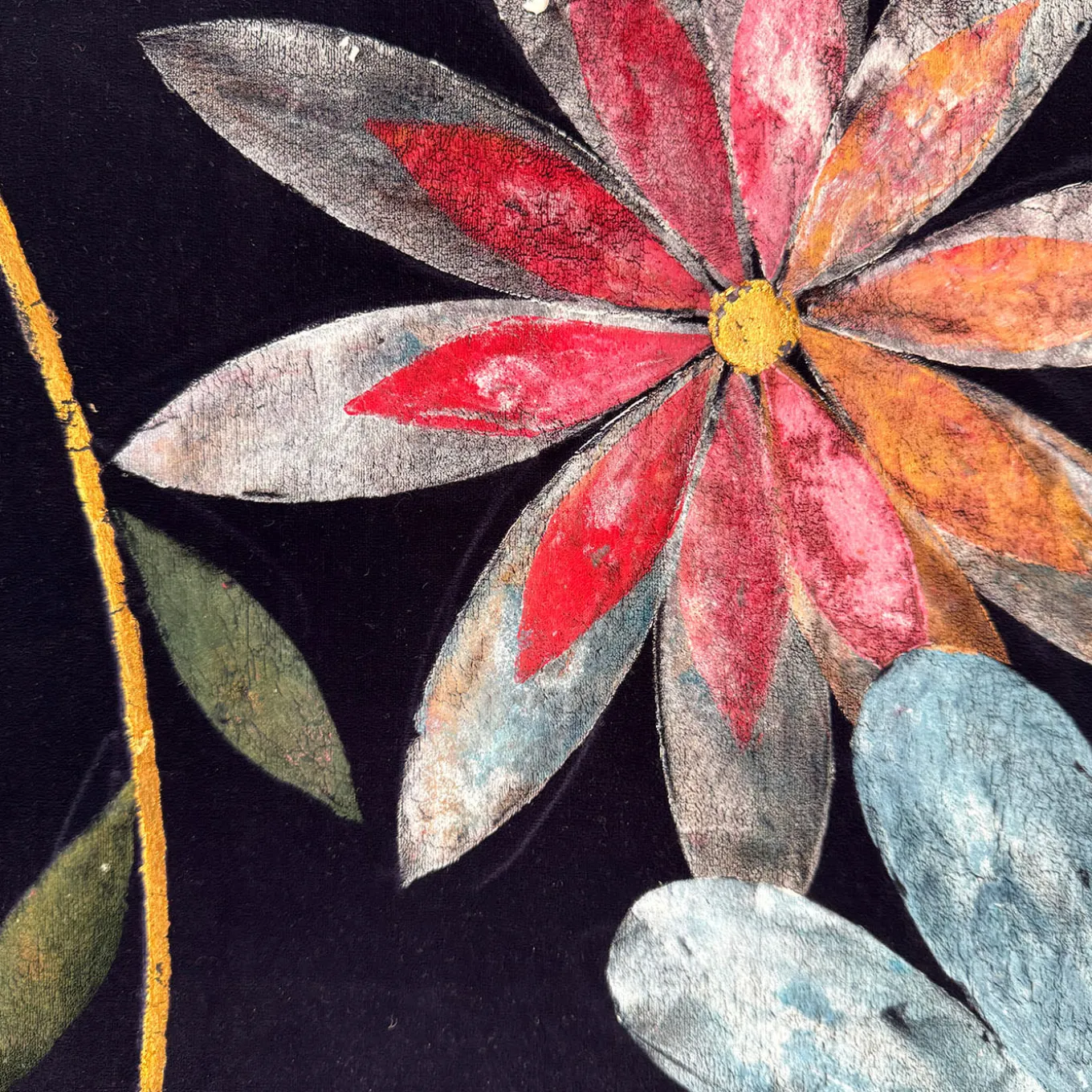 Blue Garden Velvet With Gold Leaf Details Hand-Painted Tapestry