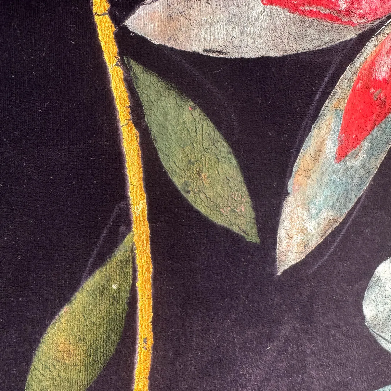 Blue Garden Velvet With Gold Leaf Details Hand-Painted Tapestry