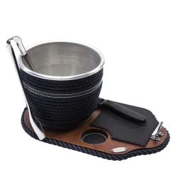 Blue Ice Bucket with Base, Tongs and Knife