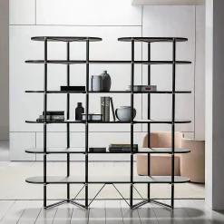 Boomerang Black Metal And Brass Bookcase With 6 Shelves by Pietro Russo Design