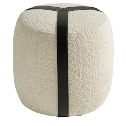 Brooklyn White Bouclè And Black Leather Belts Tall Pouf