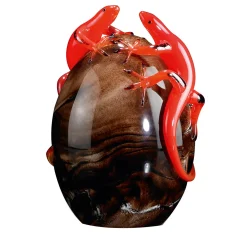 Brown Glass Egg with 2 Red Geckos