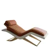 Brown Leather Chaise Longue with Wooden & Bronze Structure