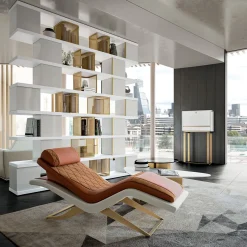 Brown Leather Chaise Longue with Wooden & Bronze Structure