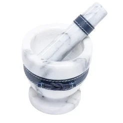 Brown Leather/White Marble Mortar with Pestle