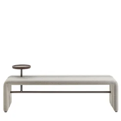 Butter White Fabric Bench with Walnut Tray