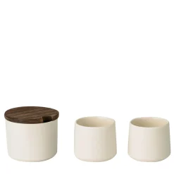 Ceramic Sugar Bowl with Wooden Lid and Small Ceramic Cups