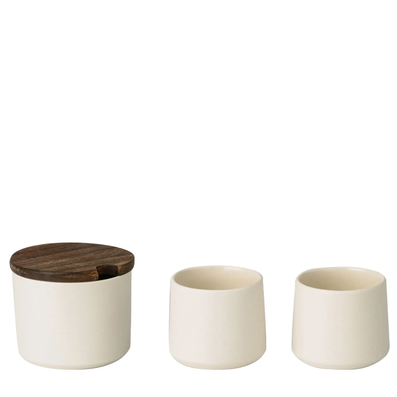 Ceramic Sugar Bowl with Wooden Lid and Small Ceramic Cups