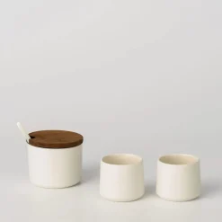 Ceramic Sugar Bowl with Wooden Lid and Small Ceramic Cups