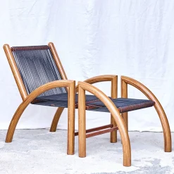 Chaise Okoume Wood And Black Leather Chaise Longue