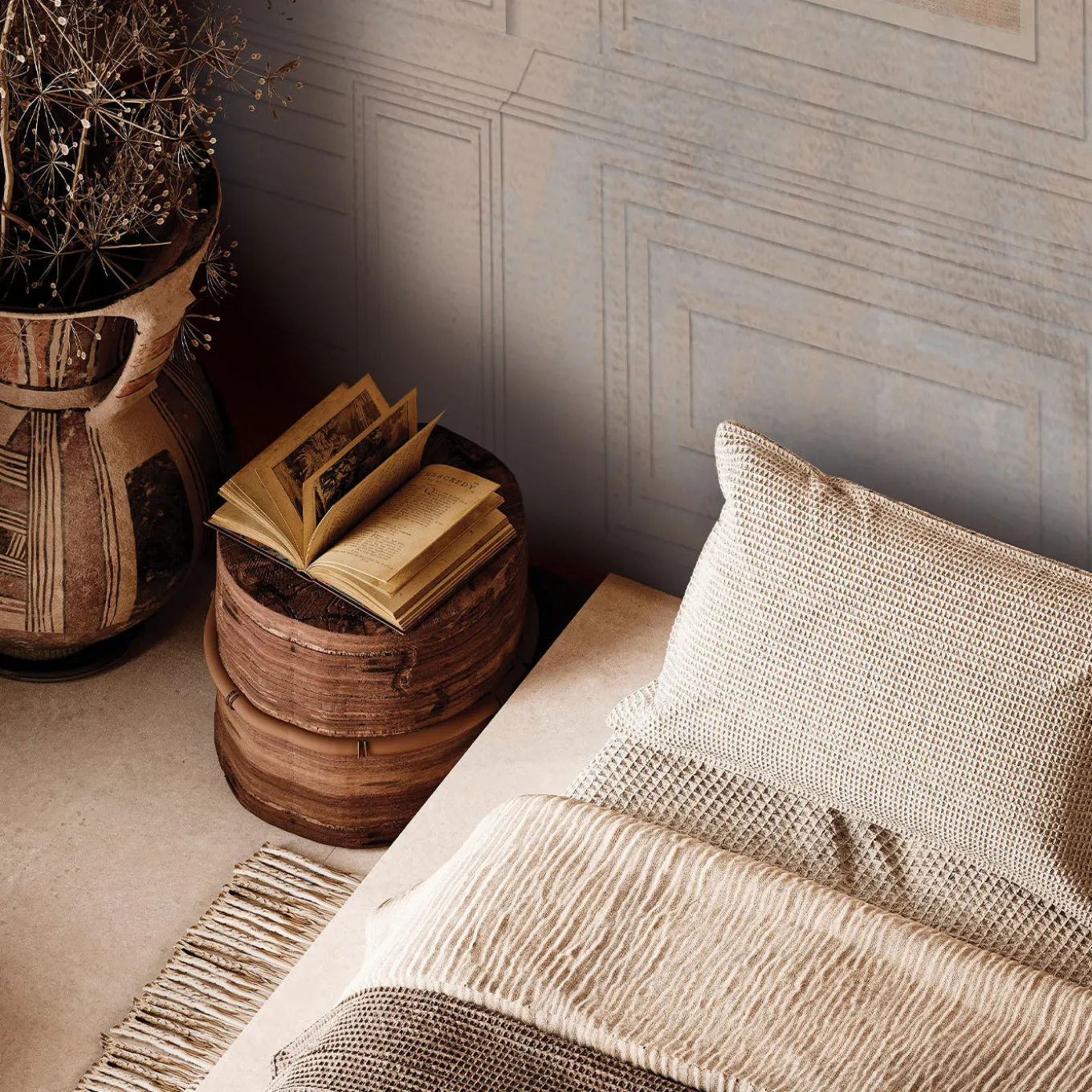 Chinoiserie beige and light blue with architectural elements Wallpaper