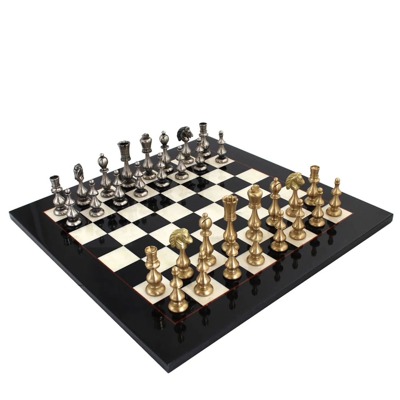 Contemporary Oriental Brass and Wood Chess Set