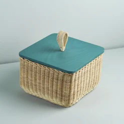 Coralia Square Wicker Box with Peacock Blue Lid