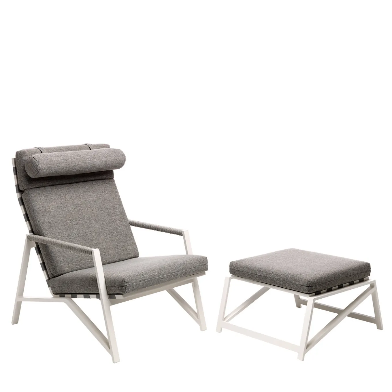 Cottage Set of Gray Armchair and Pouf with White Frame