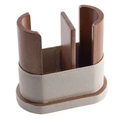 Cream Faux-Leather & Wood Solo Cup Holder