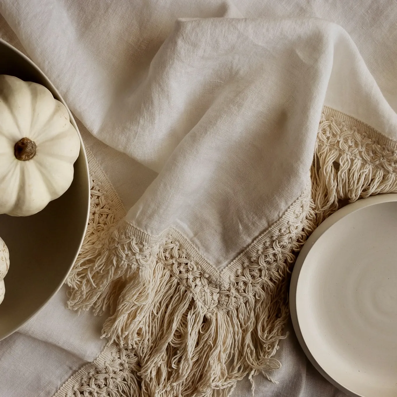 Cream Tablecloth with Extra Long Fringe