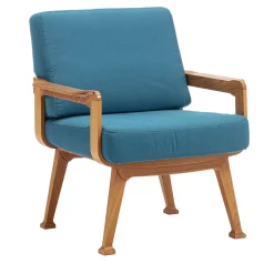 Curved Teak & Blue Textile Outdoor Armchair