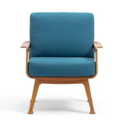 Curved Teak & Blue Textile Outdoor Armchair