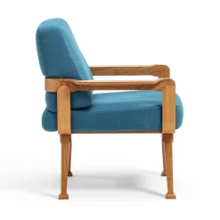 Curved Teak & Blue Textile Outdoor Armchair