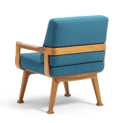 Curved Teak & Blue Textile Outdoor Armchair