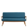 Curved Teak & Blue Textile Outdoor Sofa