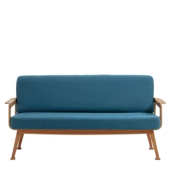Curved Teak & Blue Textile Outdoor Sofa