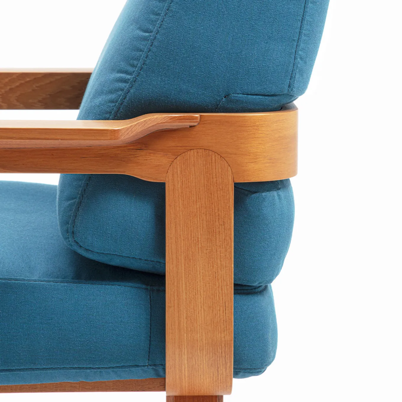 Curved Teak & Blue Textile Outdoor Sofa