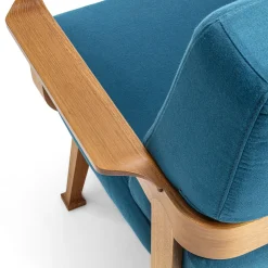 Curved Teak & Blue Textile Outdoor Sofa